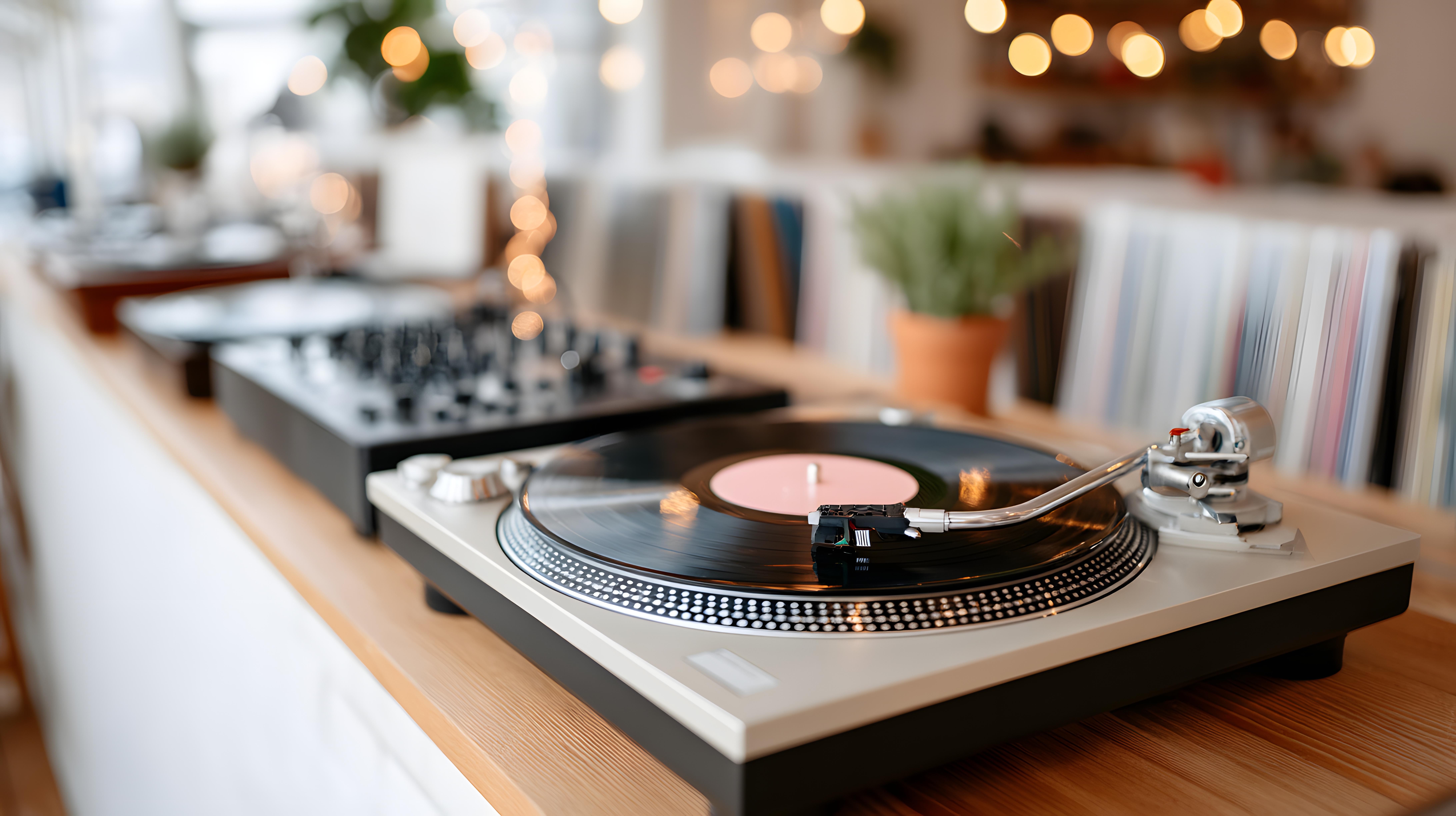 Turntable with vinyl records in a record shop